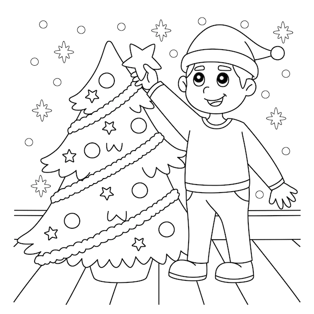 A boy is dressing up a Christmas tree coloring page